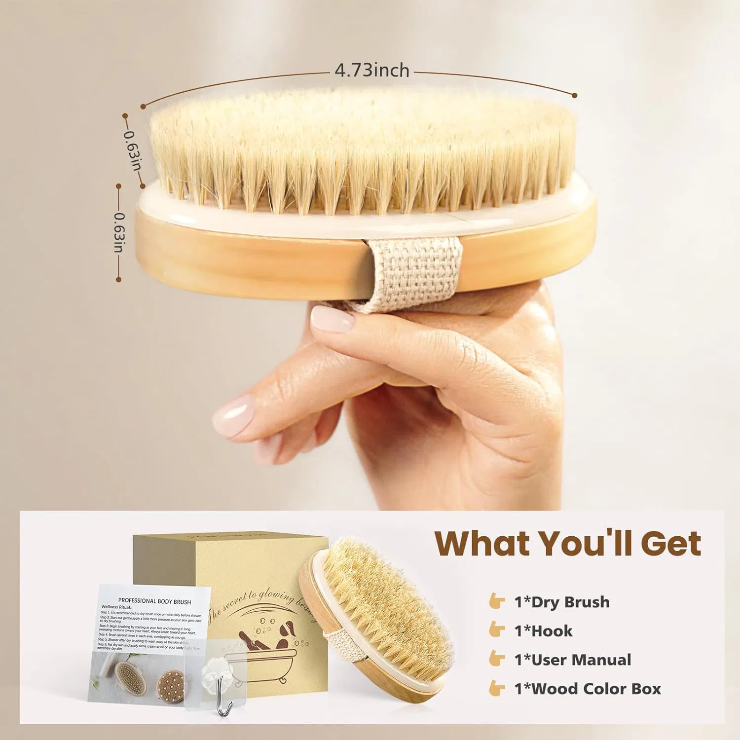 Beautichen Wooden Bath Brush – Natural Bristle Body Scrubber for Exfoliation, Massage, and Skin Care