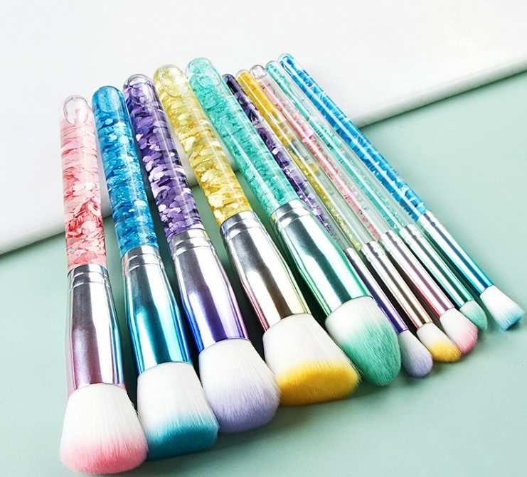 10PCS Plastic Acrylic Handle Makeup Brush Portable Blush Makeup Brush Set Beauty Brush Tool with Bag