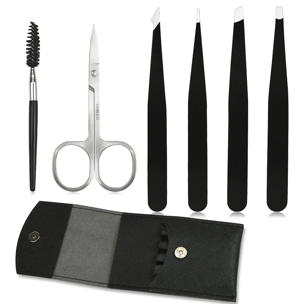 6PCS Eyebrow Eyelash Nail Skin Care Tweezers Set Beauty Cosmetic Makeup Eye Beard Brush Tool with Pouch