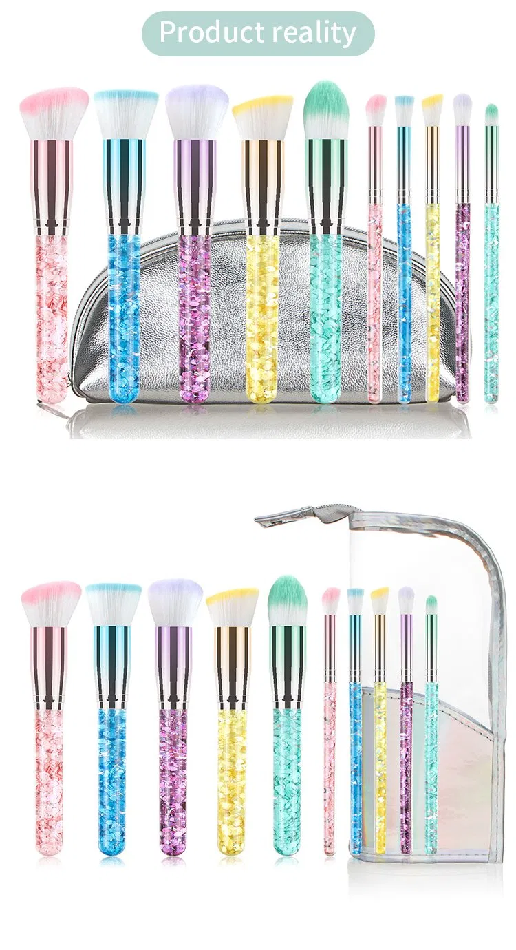 10PCS Plastic Acrylic Handle Makeup Brush Portable Blush Makeup Brush Set Beauty Brush Tool with Bag