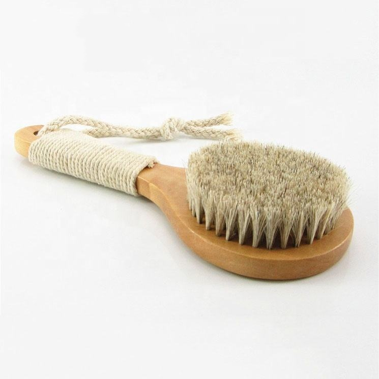 Wooden Handle Natural Horsehair Medium-Length Dry Skin Exfoliation Wooden Shower Body Brush