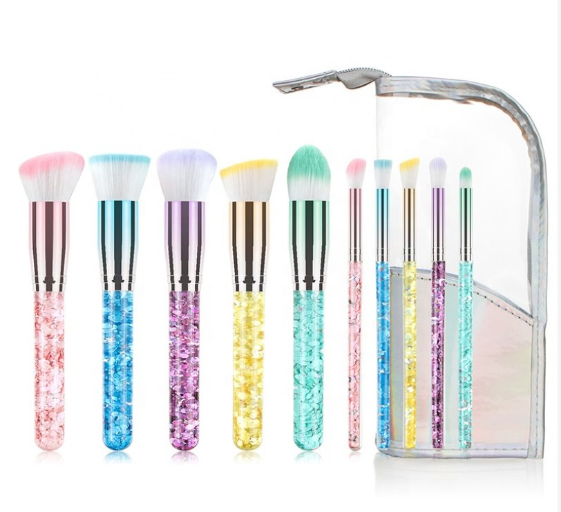 10PCS Plastic Acrylic Handle Makeup Brush Portable Blush Makeup Brush Set Beauty Brush Tool with Bag
