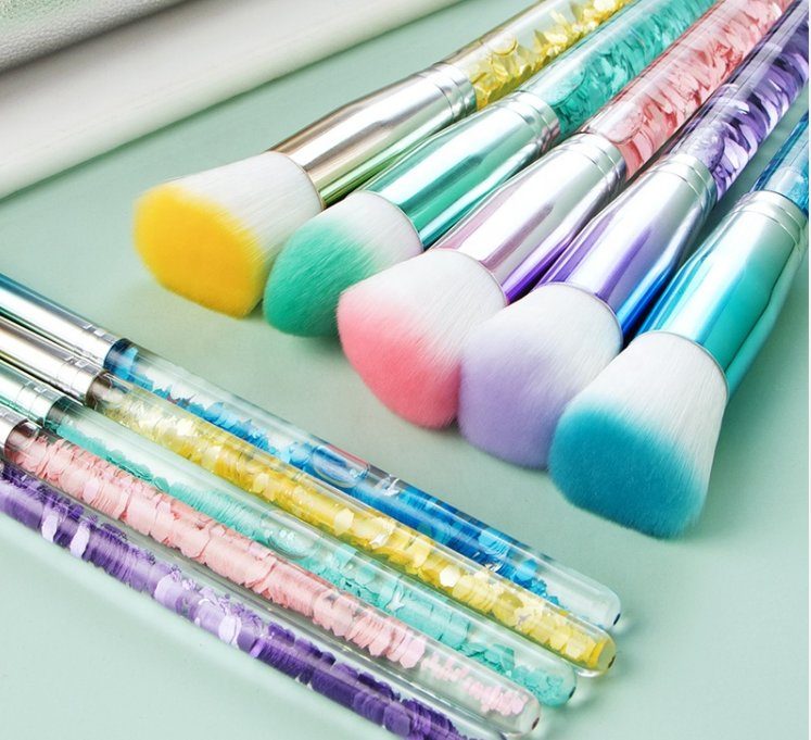 10PCS Plastic Acrylic Handle Makeup Brush Portable Blush Makeup Brush Set Beauty Brush Tool with Bag