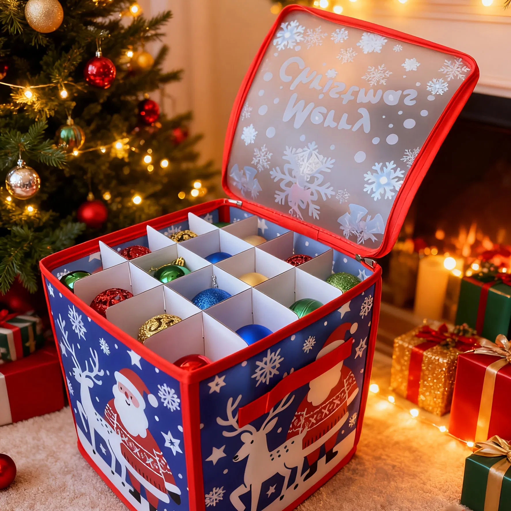 Santa Pattern Divided Christmas Ball Storage Box