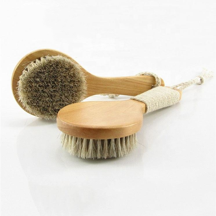 Wooden Handle Natural Horsehair Medium-Length Dry Skin Exfoliation Wooden Shower Body Brush