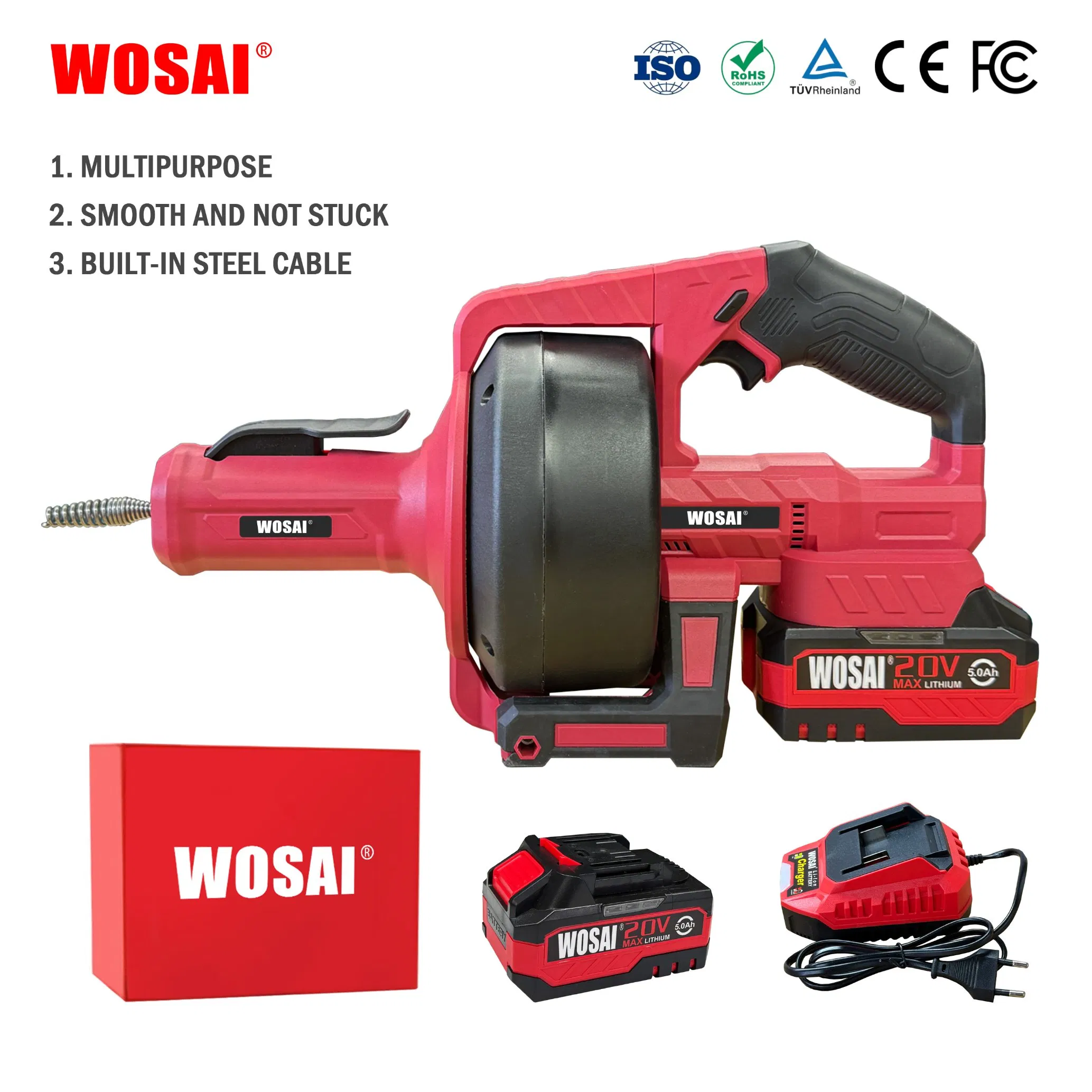 Wosai 20V Cordless Electric Plumbing Drain Auger Snake Hair Removal Tool for Sink Sewer