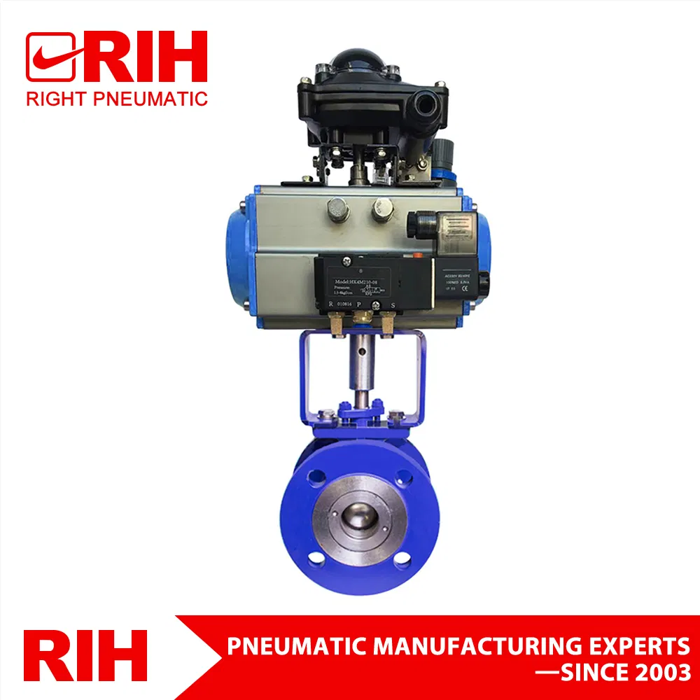 DN150 2 Way Stainless Steel 304 Flange V Type Segment Double Acting Pneumatic Actuated Ball Valve