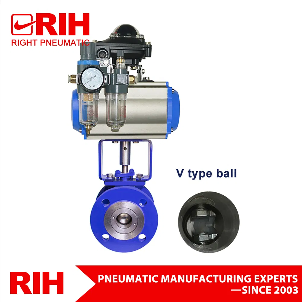 DN150 2 Way Stainless Steel 304 Flange V Type Segment Double Acting Pneumatic Actuated Ball Valve