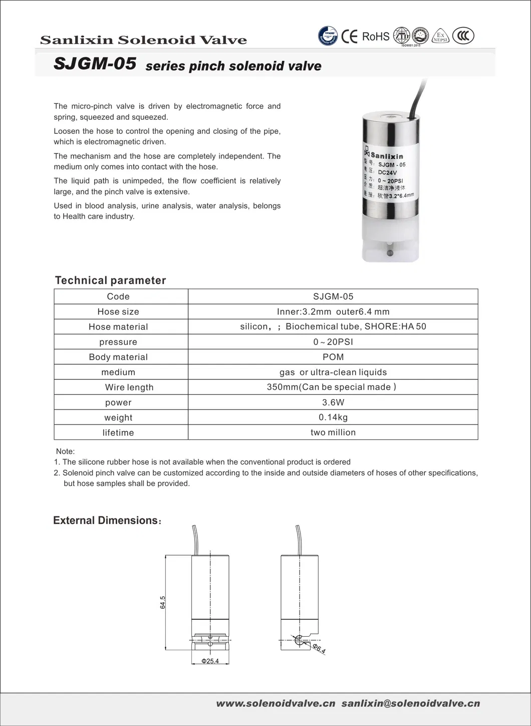 Micro Pinch Solenoid Valve - Specifications