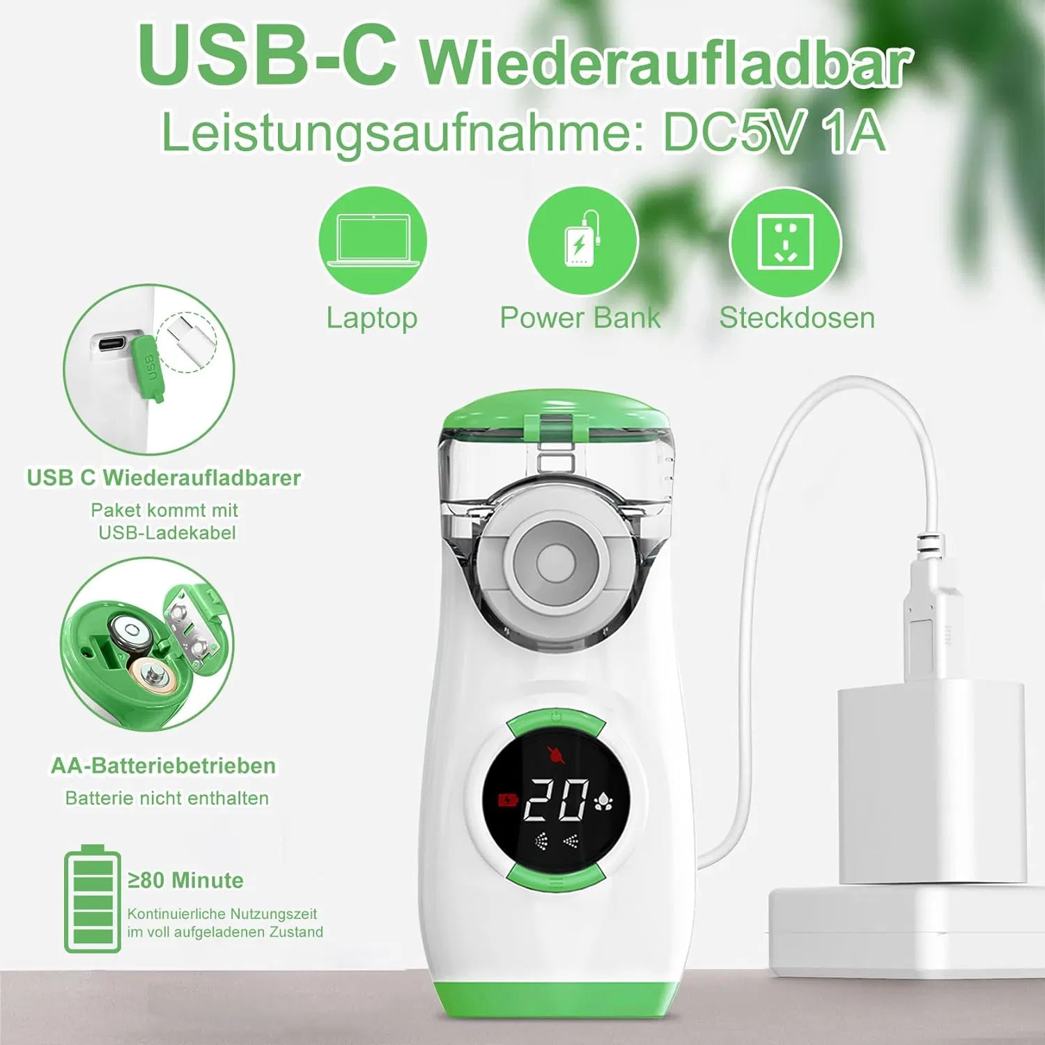 Portable Inhaler Nebulizer Automatic Cleaning Function Quiet Digital Mesh Nebulizer with 2 Masks and 1 Mouthpiece