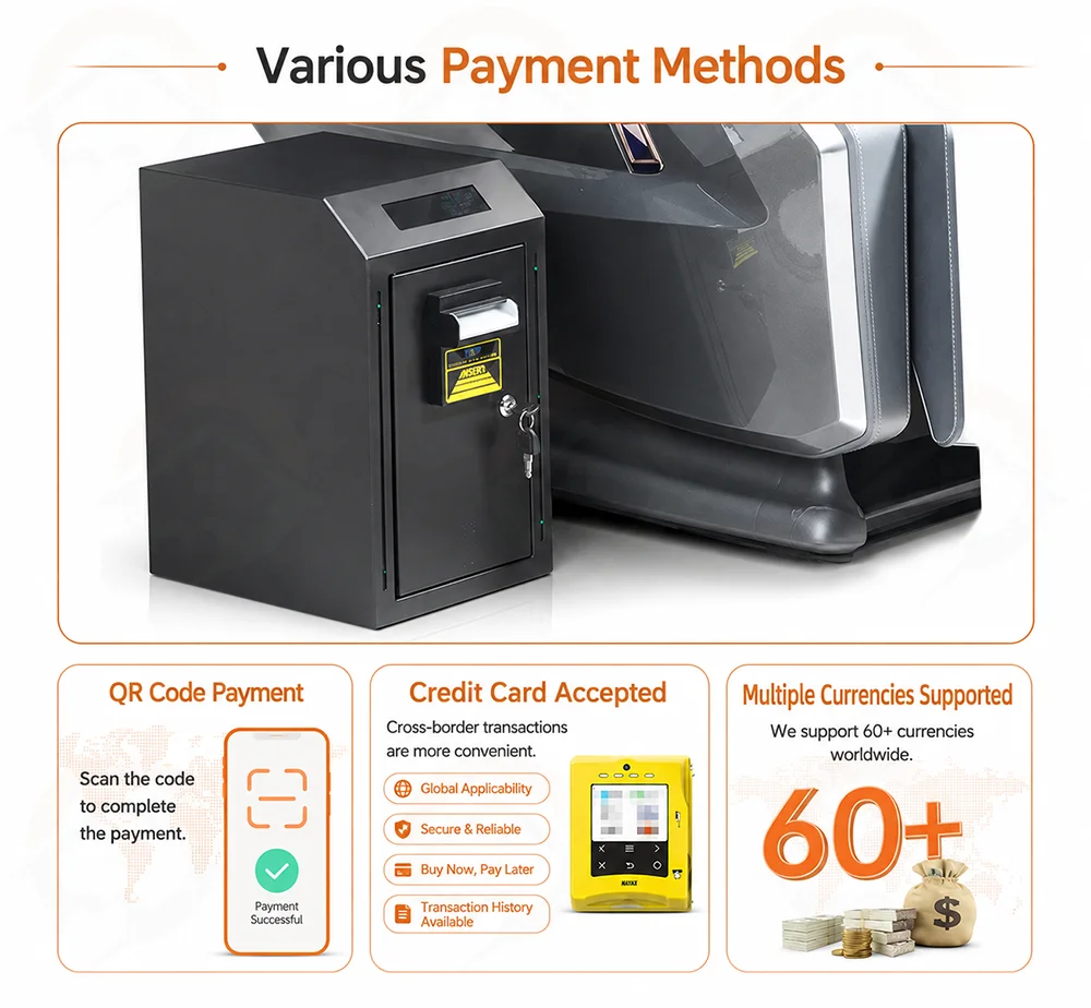 V2 commercial vending massage chair payment options: QR code, credit card and 60+ currencies