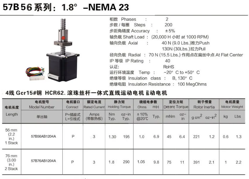 China 1204/1605 Parafuso de Esfera Parafuso de Passo Motor de Passo 3A 1.3nm NEMA 23 Motor Linear de Passo para Máquina CNC