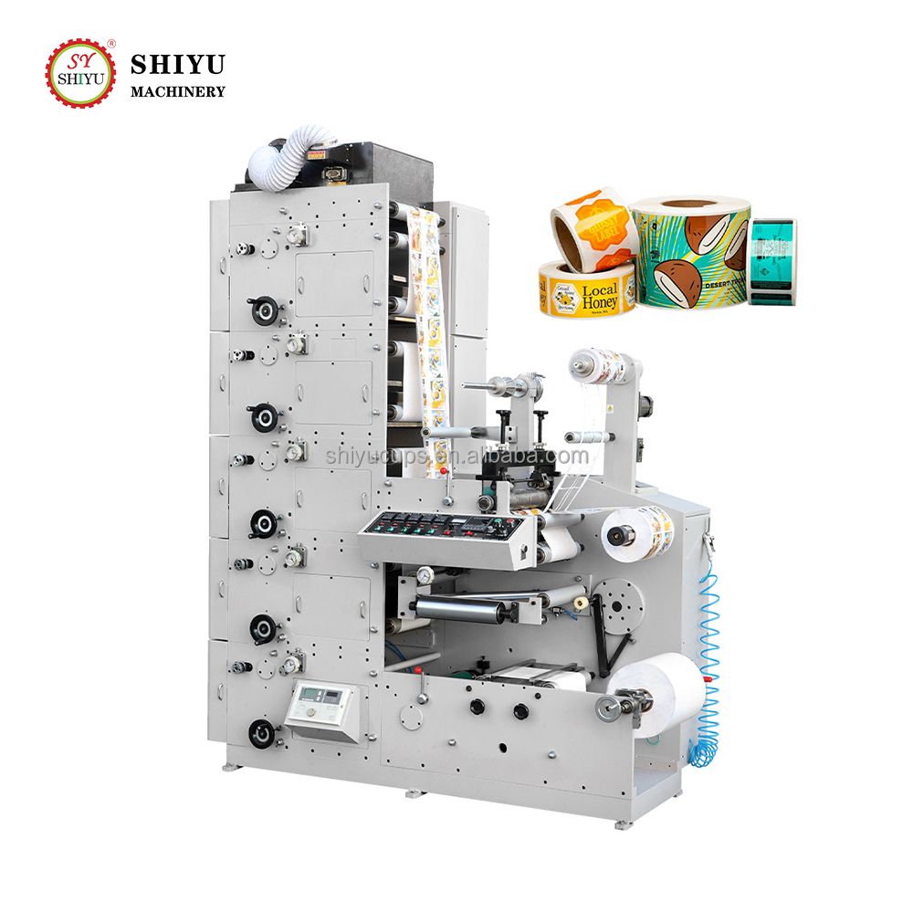 Automatic Roll to Roll Adhesive Paper 5 Color Narrow Web Flexo Printing Machine with Rotary Die Cutting and Sheet