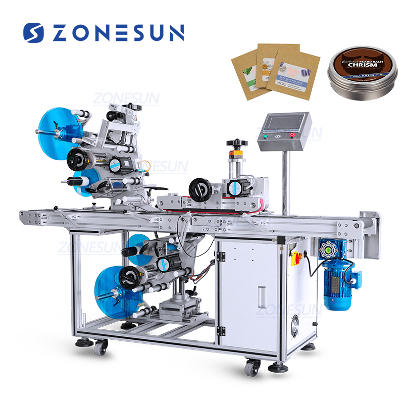 ZONESUN ZS-TB602 Full Automatic High Speed Double Head Cosmetic Flat Bottle Bag Sticker Flat Surface Top Bottom Labeling Machine