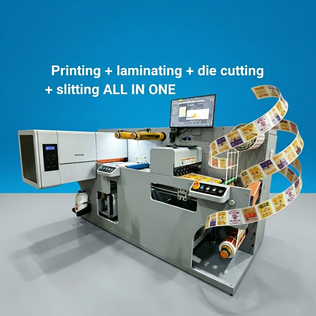 Nexus 350J All In One Label Printing Laminating Cutting Waste Collecting Slitting Machine Roll To Roll Uv Inkjet Label Printer