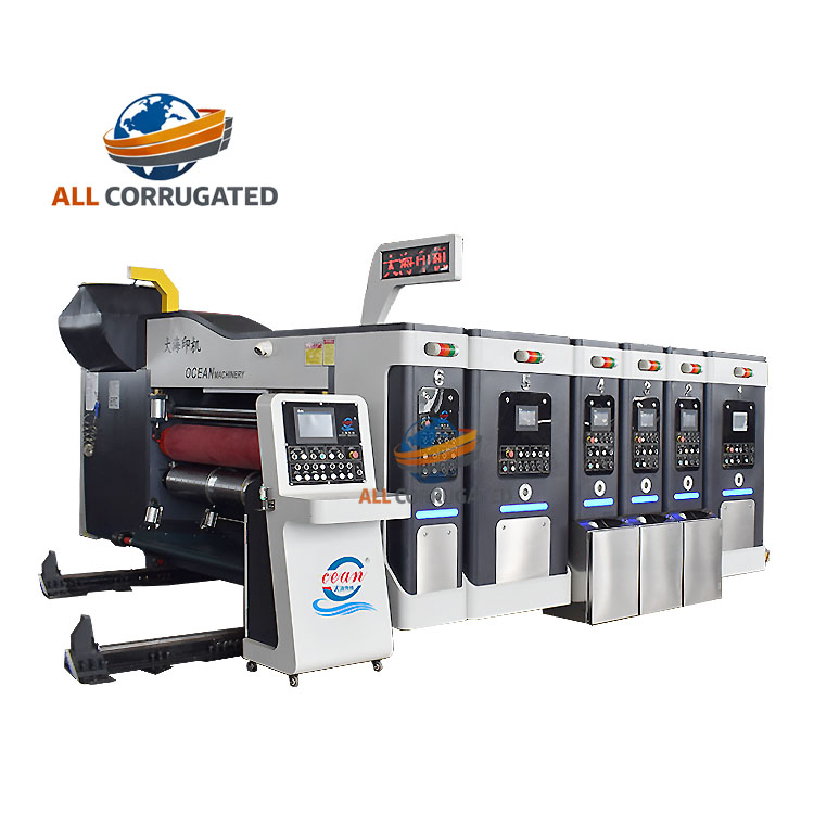 High Speed Intelligent Flexo 1-6 Color Optional Printing Slotting Die-cutting Folder Gluing &amp; Strapping In Line Machine