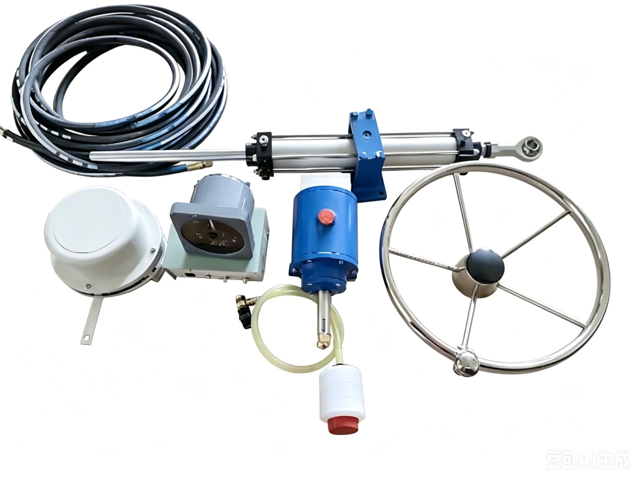 Integrated Marine Steering System Components: Hydraulic Steering Pump with Pulley, Control Valves and Steering Linkage Parts