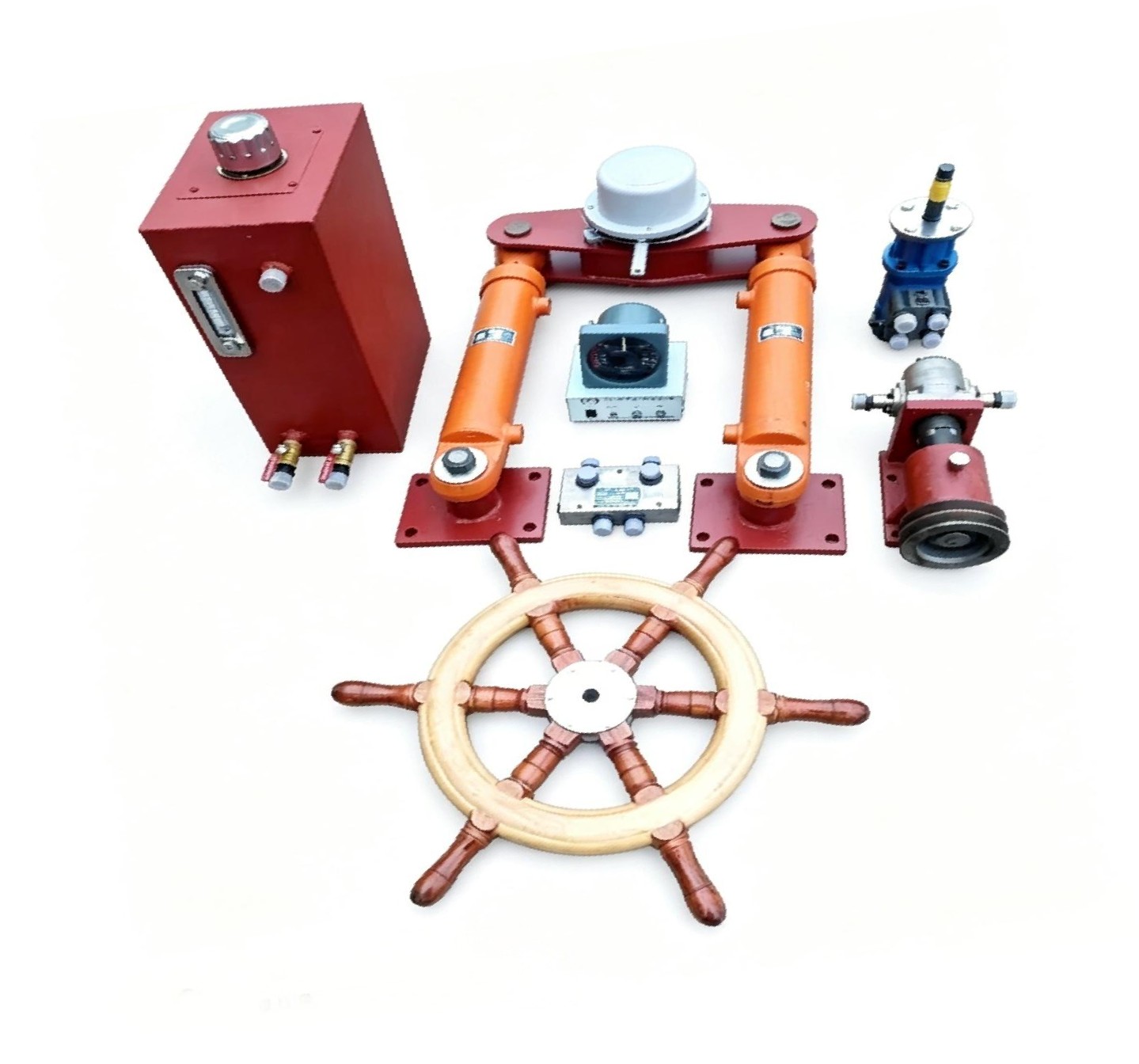 Integrated Marine Steering System Components: Hydraulic Steering Pump with Pulley, Control Valves and Steering Linkage Parts