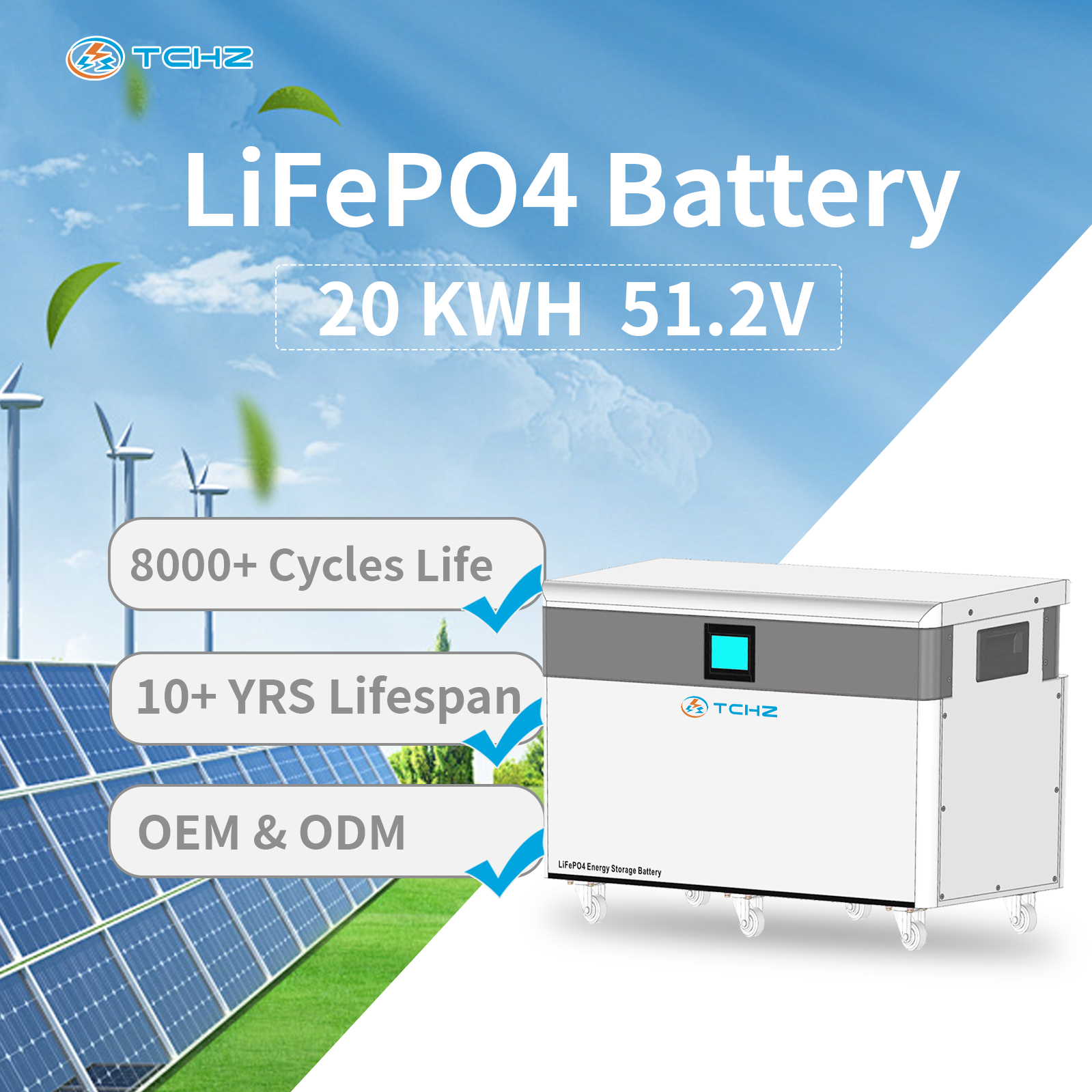 Thermal Stability 51.2V 800Ah 20KWH 40KWH Stackable Split Blade LiFePO4 Lithium Battery Wifi BT RS485/CAN TCHZ Smart BMS Home