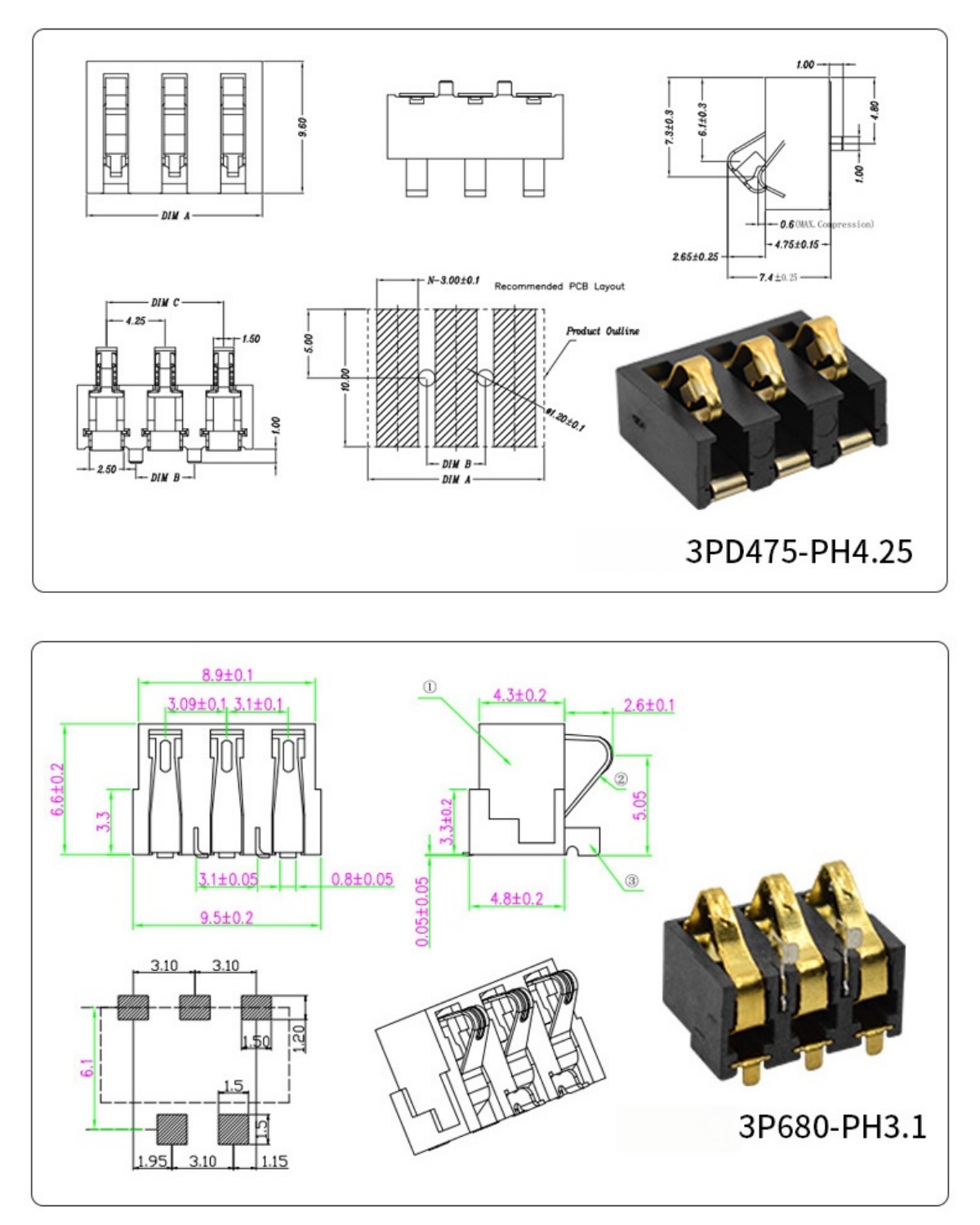 2.5mm 3.0mm Pitch Spring Compression Contact 2 3 4 5 6 7 8 Pin Female Male SMD Lithium Battery Connectors For Power Charge
