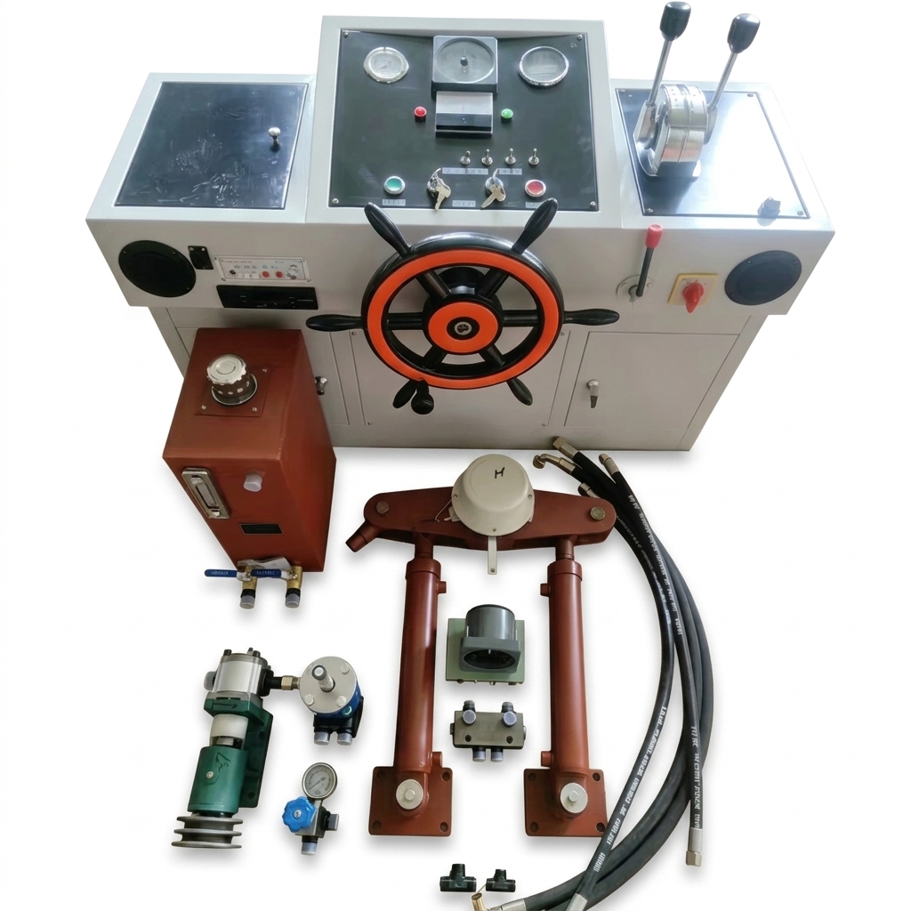 Integrated Marine Steering System Components: Hydraulic Steering Pump with Pulley, Control Valves and Steering Linkage Parts