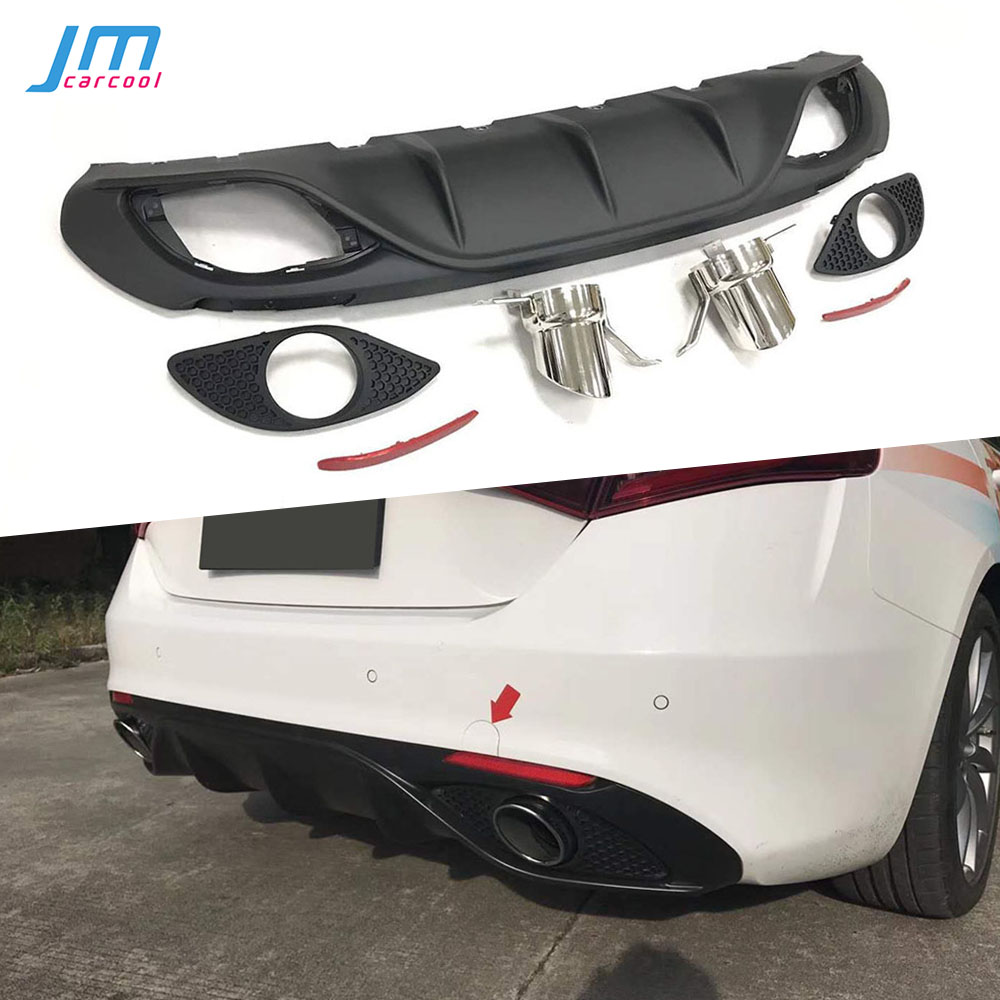 PP Matte Black Rear Bumper Diffuser With Steel Exhaust and Reflective Stripe for Alfa Romeo Giulia Standard 16-19 Sport Style
