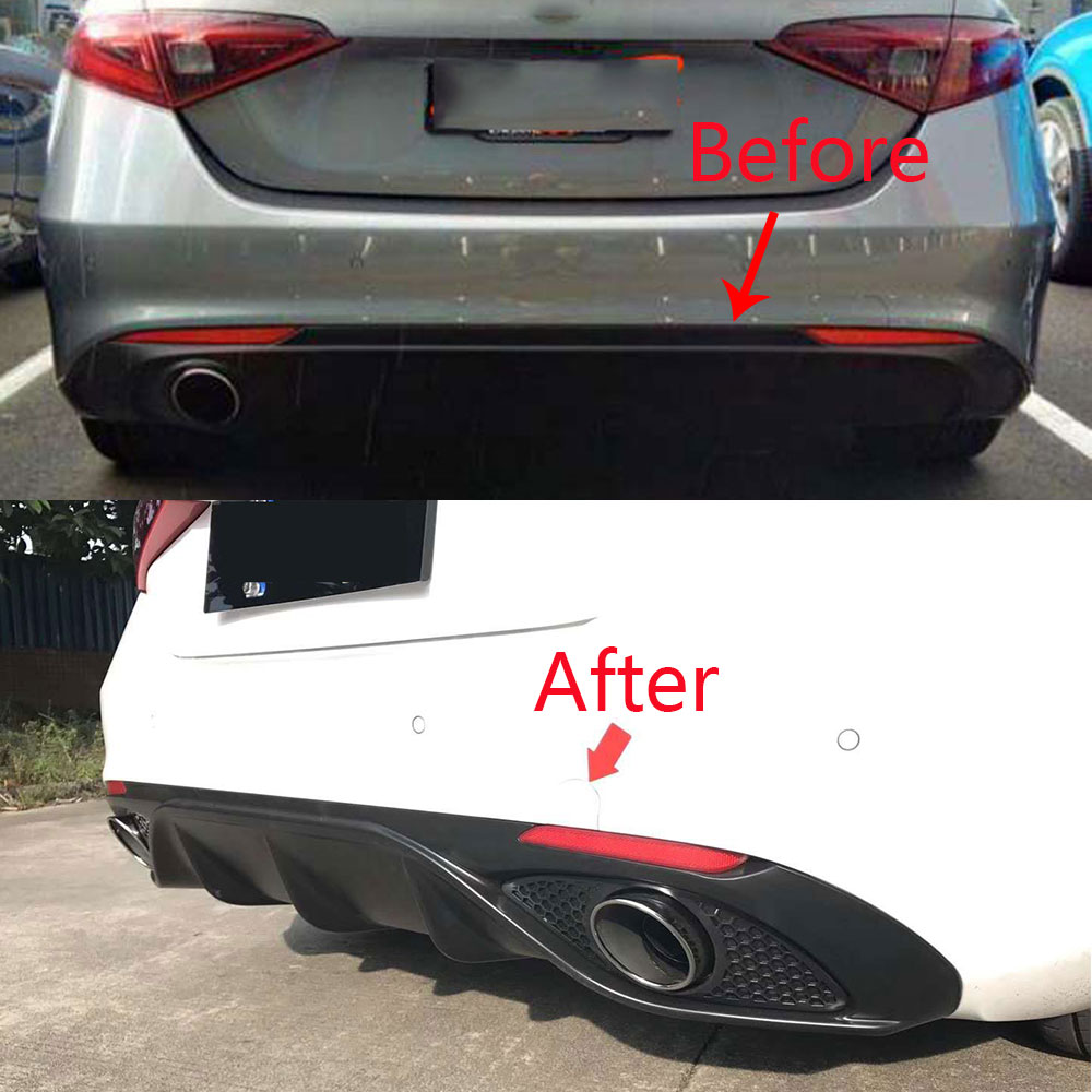 PP Matte Black Rear Bumper Diffuser With Steel Exhaust and Reflective Stripe for Alfa Romeo Giulia Standard 16-19 Sport Style