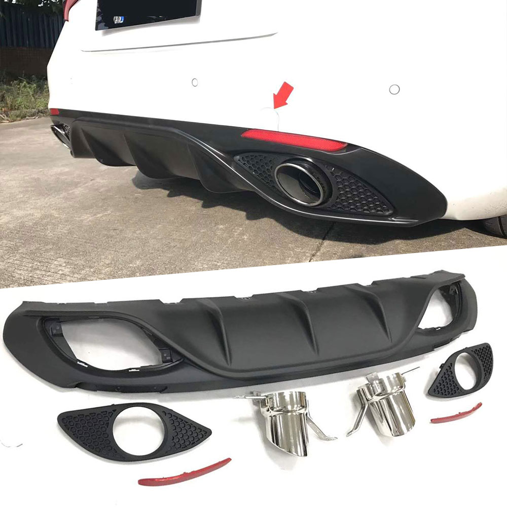 PP Matte Black Rear Bumper Diffuser With Steel Exhaust and Reflective Stripe for Alfa Romeo Giulia Standard 16-19 Sport Style
