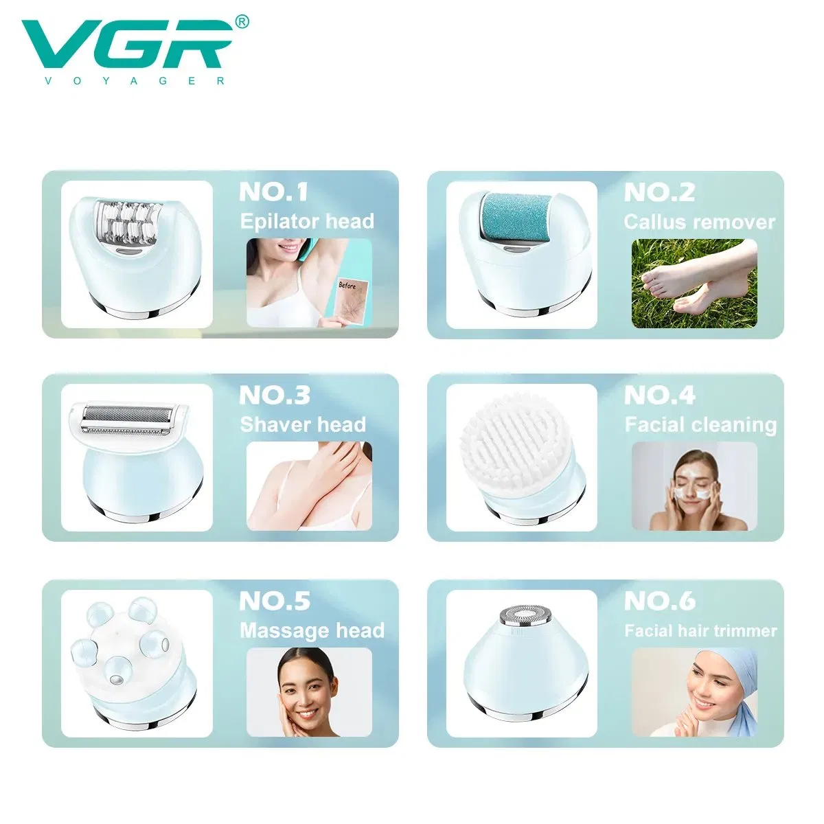 Vgr V-733 Ipx7 À prova d'água 6in1 Kit de Cuidados Feminino Depilador Recarregável Removedor de Calosidades
