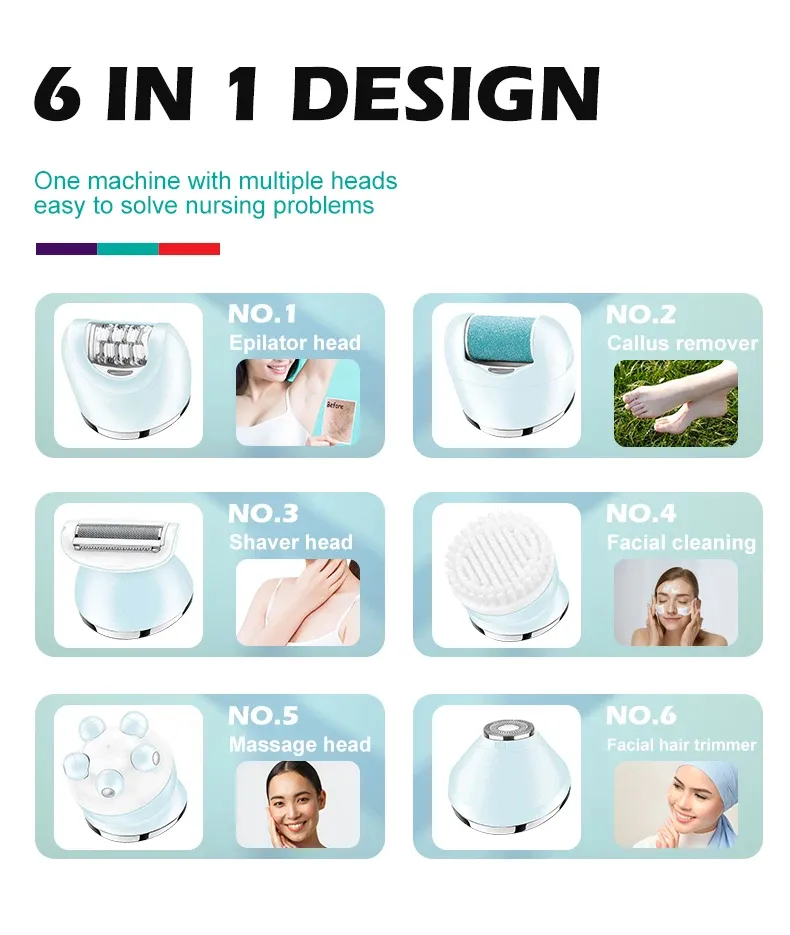 Vgr V-733 Ipx7 À prova d'água 6in1 Kit de Cuidados Feminino Depilador Recarregável Removedor de Calosidades