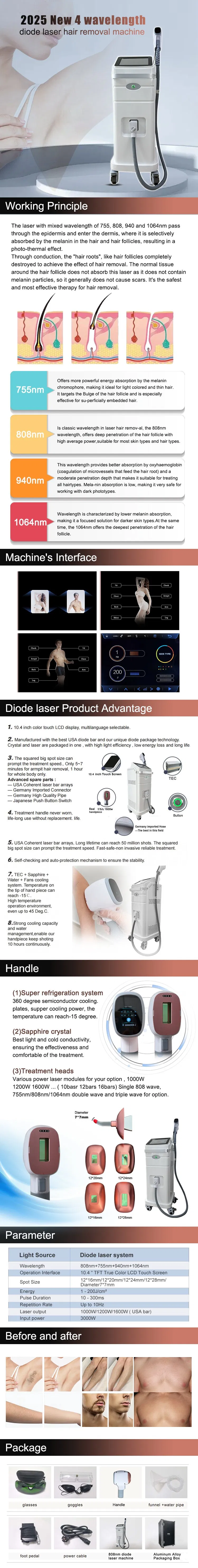 Remoção de Cabelo a Laser Diode de Alta Qualidade Vertical 4 Comprimentos de Onda 808 755 940 1064 Máquina Profissional de Remoção de Cabelo a Laser
