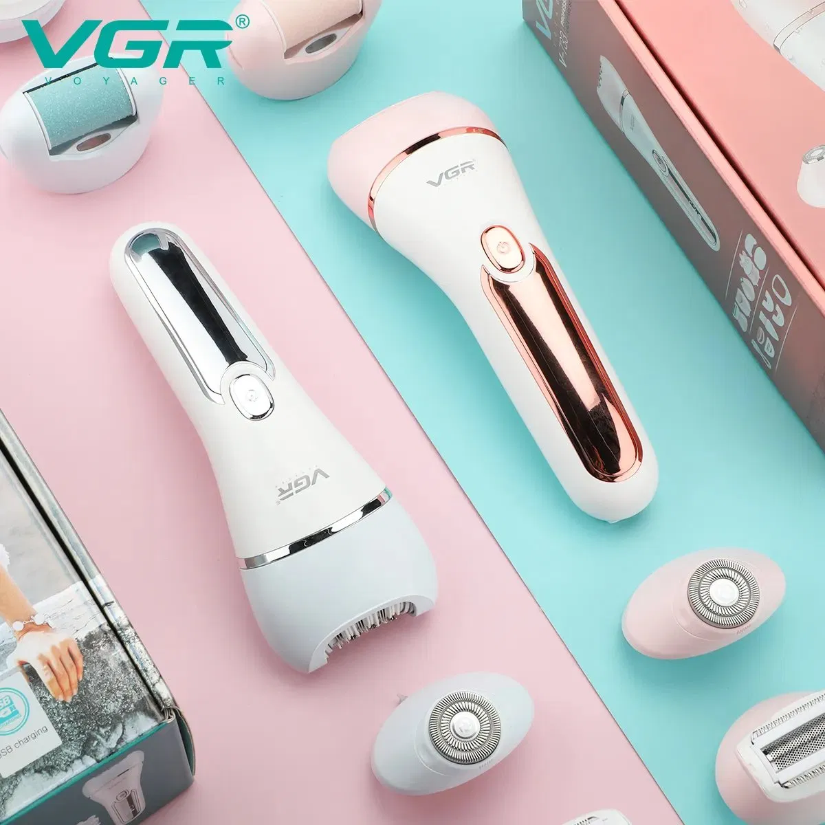 Vgr V-733 Ipx7 À prova d'água 6in1 Kit de Cuidados Feminino Depilador Recarregável Removedor de Calosidades