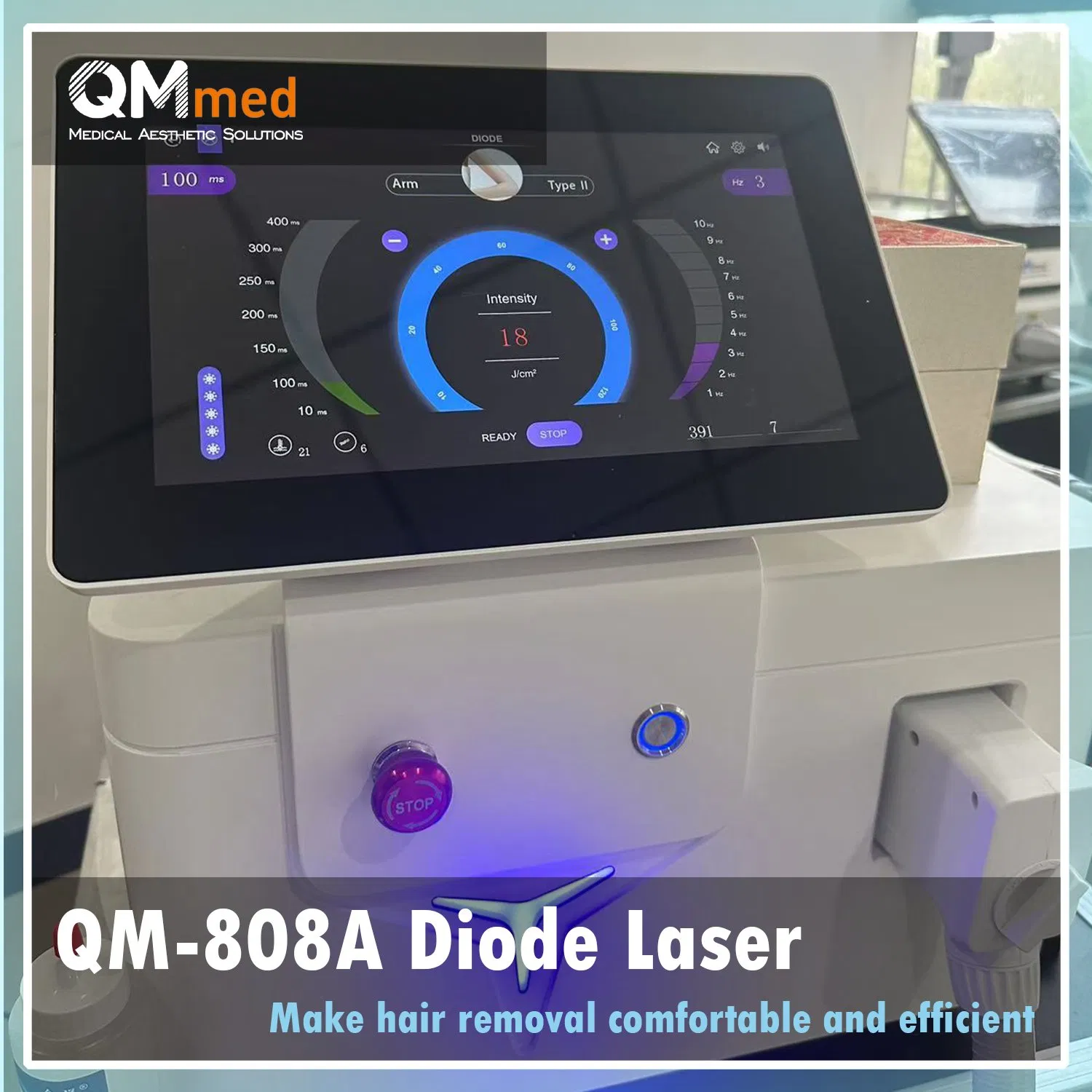 Máquina de Remoção de Pelos a Laser Diode Portátil Qm-808A Opção de Comprimento de Onda Único 808nm Triplo 755nm808nm1064nm Dispositivo com Tela de Toque LCD em Cores Verdadeiras 12inch