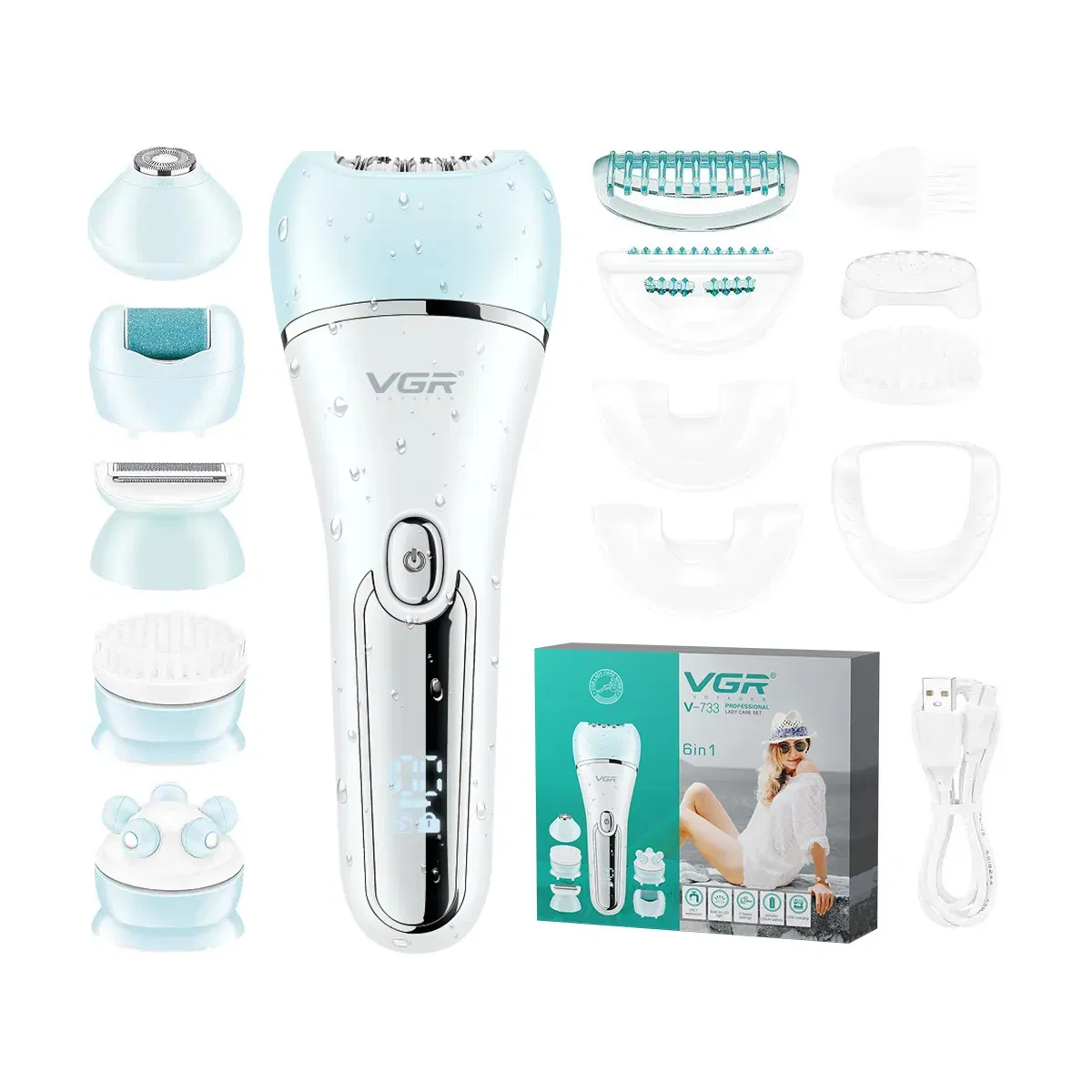 Vgr V-733 Ipx7 À prova d'água 6in1 Kit de Cuidados Feminino Depilador Recarregável Removedor de Calosidades