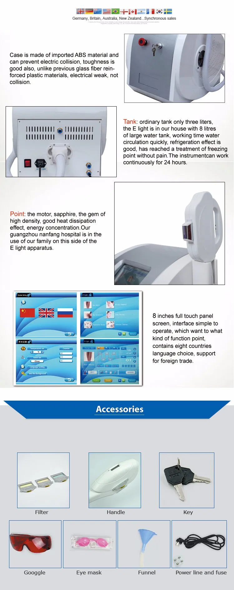 Equipamento de Remoção de Cabelo Super com 3 Filtros 480nm&530nm&640nm
