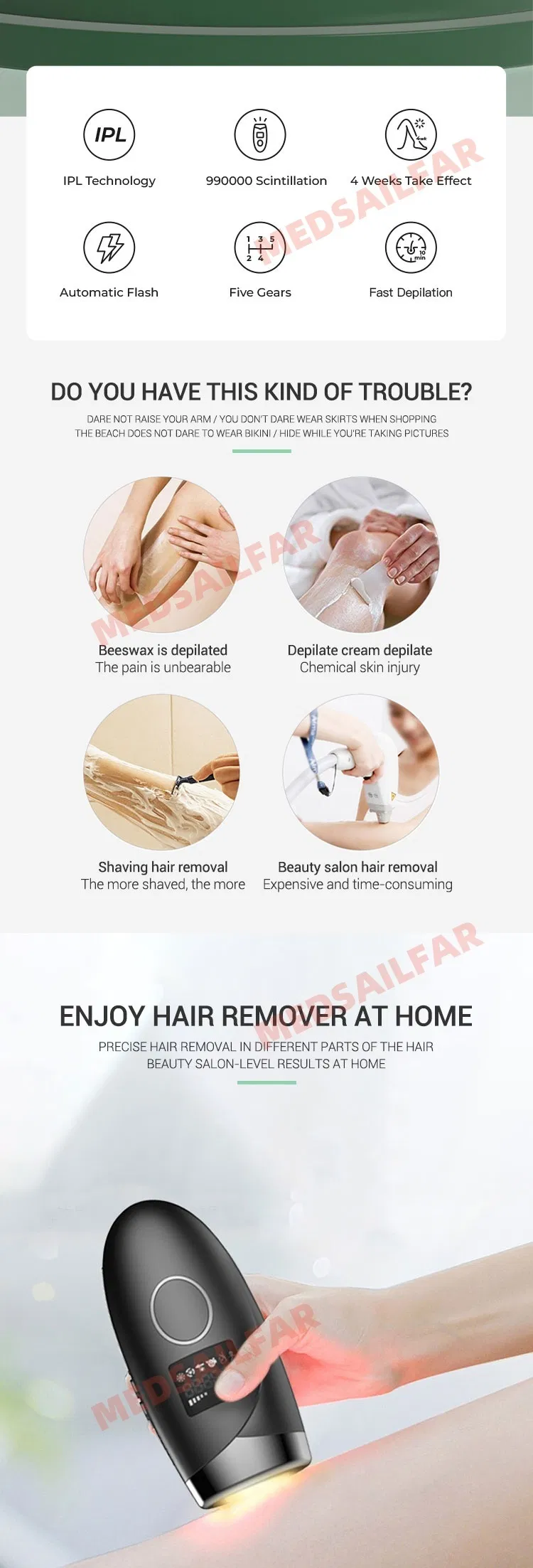 Dispositivo portátil de rejuvenescimento da pele e remoção permanente de pelos a laser IPL para uso doméstico