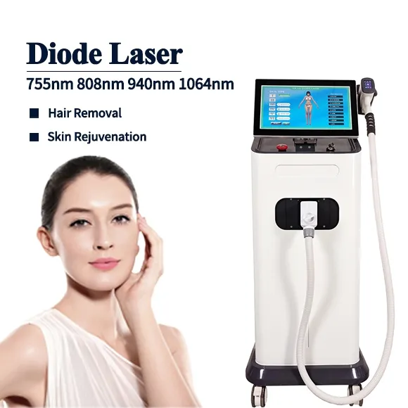 Fornecimento de Fábrica Dispositivo de Remoção de Cabelo de Alta Potência Rejuvenescimento da Pele Clareamento da Pele Cabo de Resfriamento 3wavelenths Dispositivo de Remoção de Cabelo a Laser de Diodo