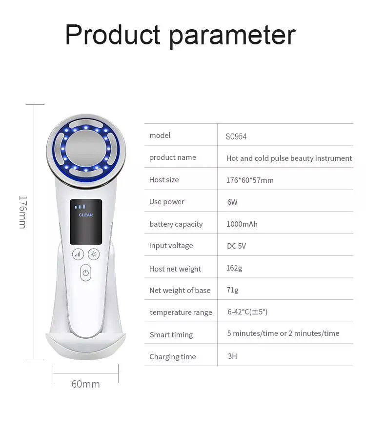 Dispositivo de Beleza com Terapia de Luz LED para Massagem Facial, Remoção de Rugas, Aperto da Pele e Cuidado Facial com Função de Calor e Frio