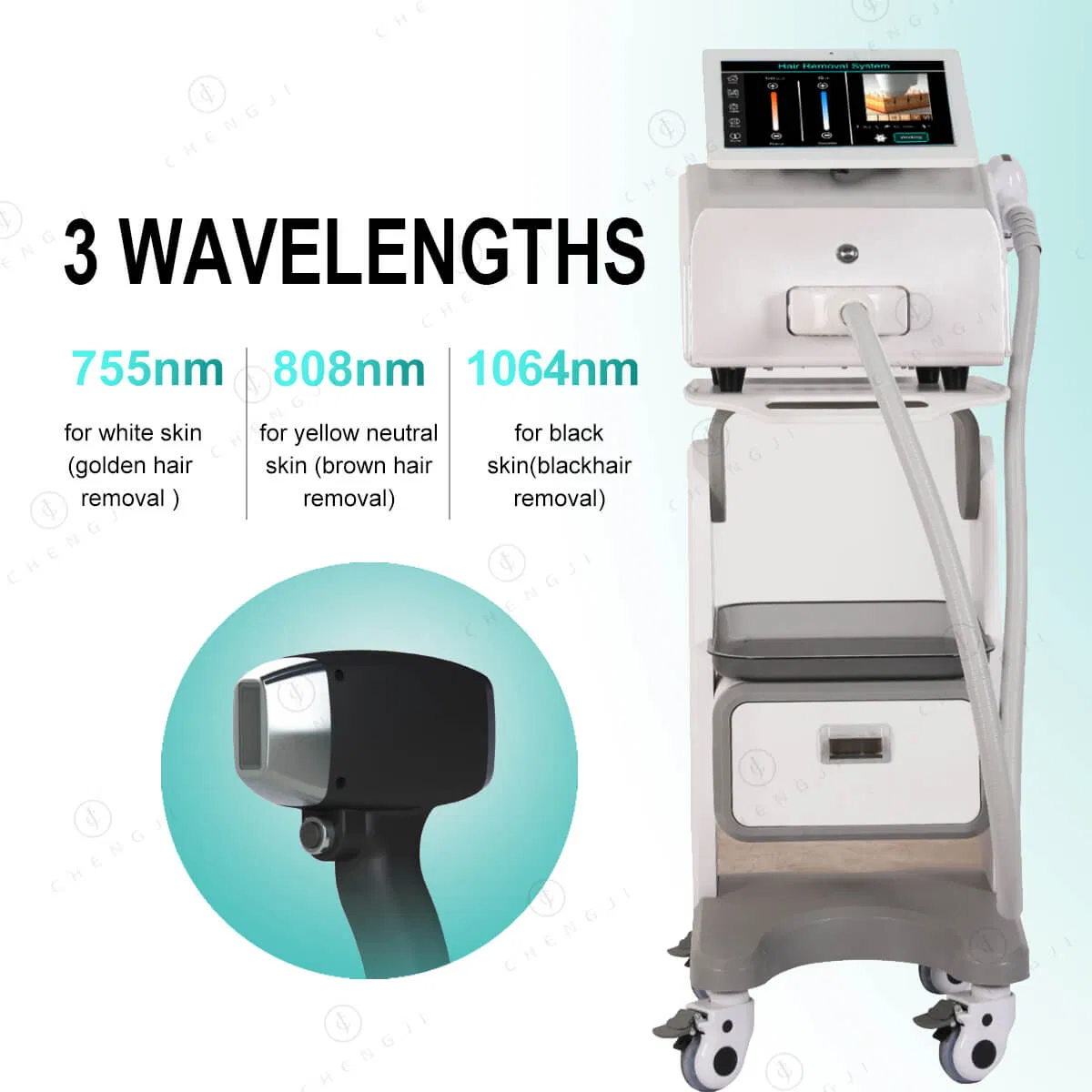 Dispositivo de Remoção de Cabelo a Laser Diode Portátil e Indolor de Três Ondas 808nm 755nm 1064nm Equipamento de Beleza para Salão
