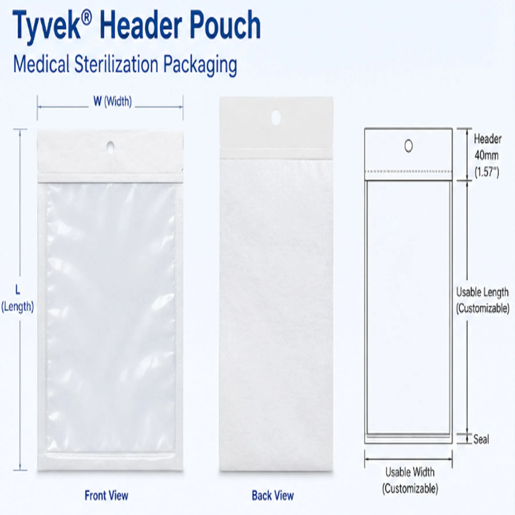 Disposable Medical Tyvek Header Pouch for Sterile Medical Packaging