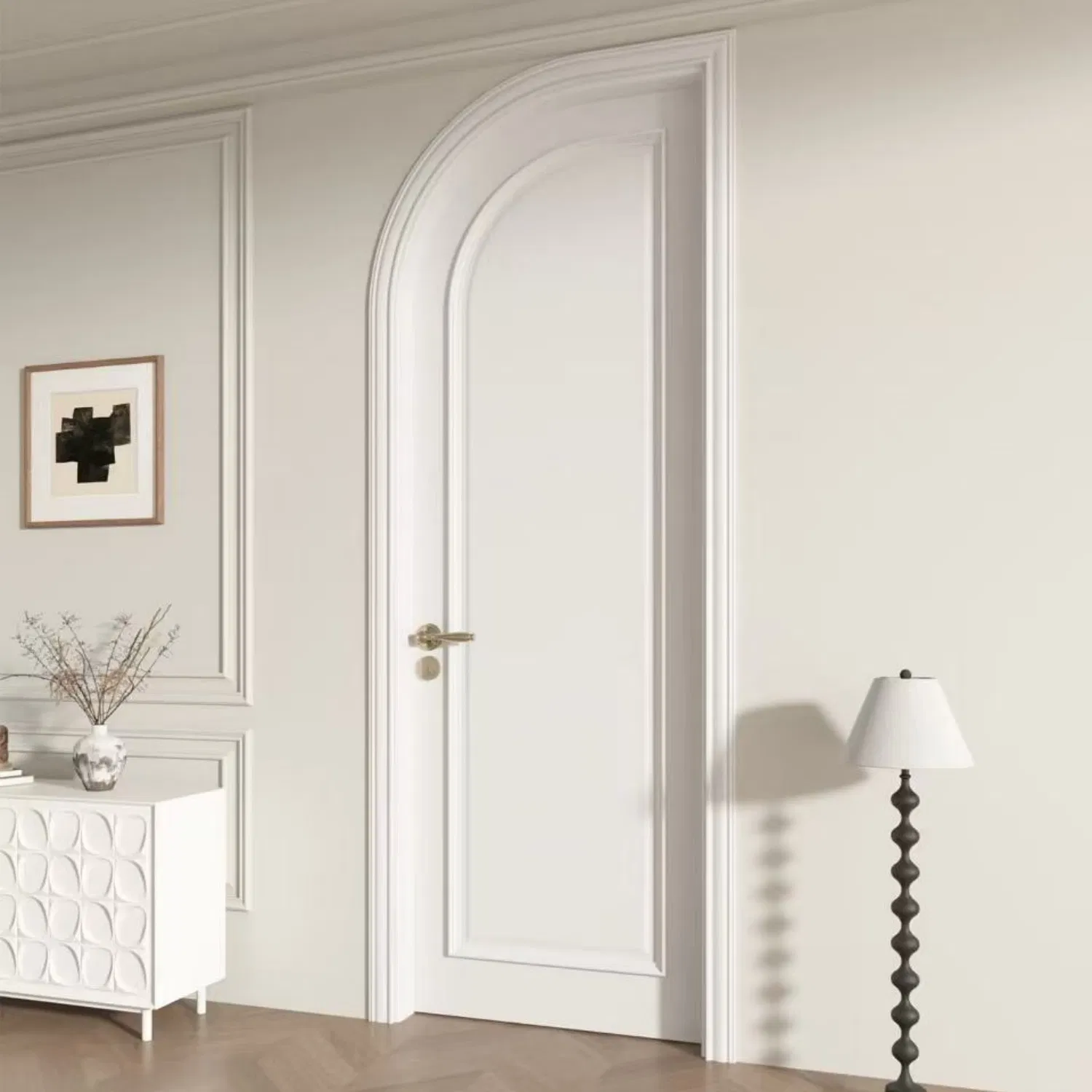 White Minimalist Arched Door, Solid Wood Composite Bathroom Door, Moisture-Proof and Wear-Resistant Factory Direct Supply