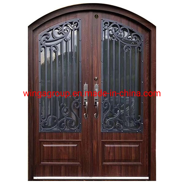 Arched Double Open Size with Shaped Glass Flower Security Metal Wrought Iron Forged Exterior Outside Entrance Front Appartment Villa Screen Door