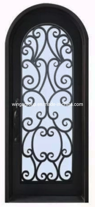 Eyebrow Design Wrought Iron Steel Glass Security Gate Door Custom New Design Arch Double Metal Entrance Wrought Iron Door with Transom