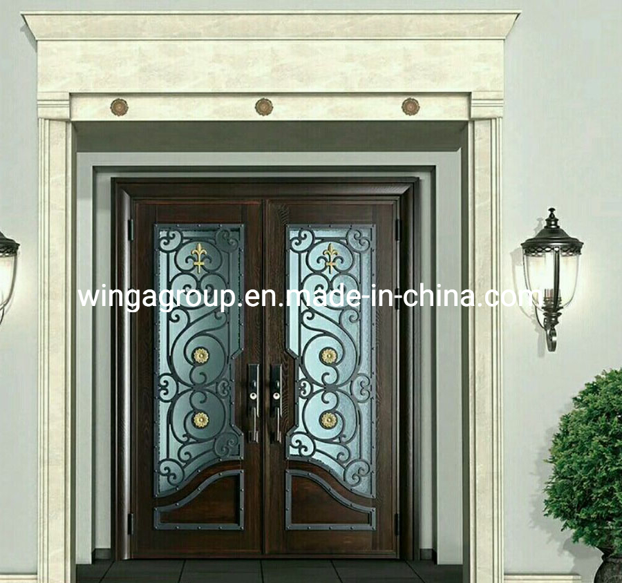 with Windows Wrought Iron Glass Outside Double Door Chineses Modern Exterior Wrought Iron Steel Main Entrance Doors Metal Security Steel Door for Houses