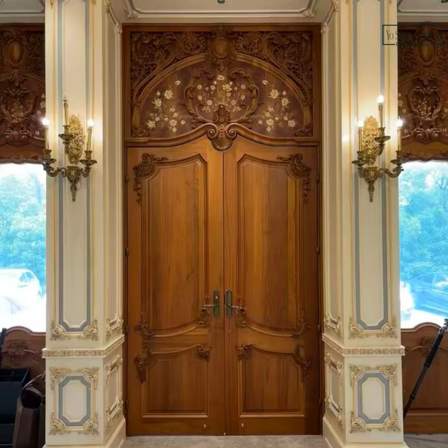 Dark Brown Vintage European Style Double Carved Wood Door Ornate Design for Luxury Mansion and Estate Entryway Customizable Pattern