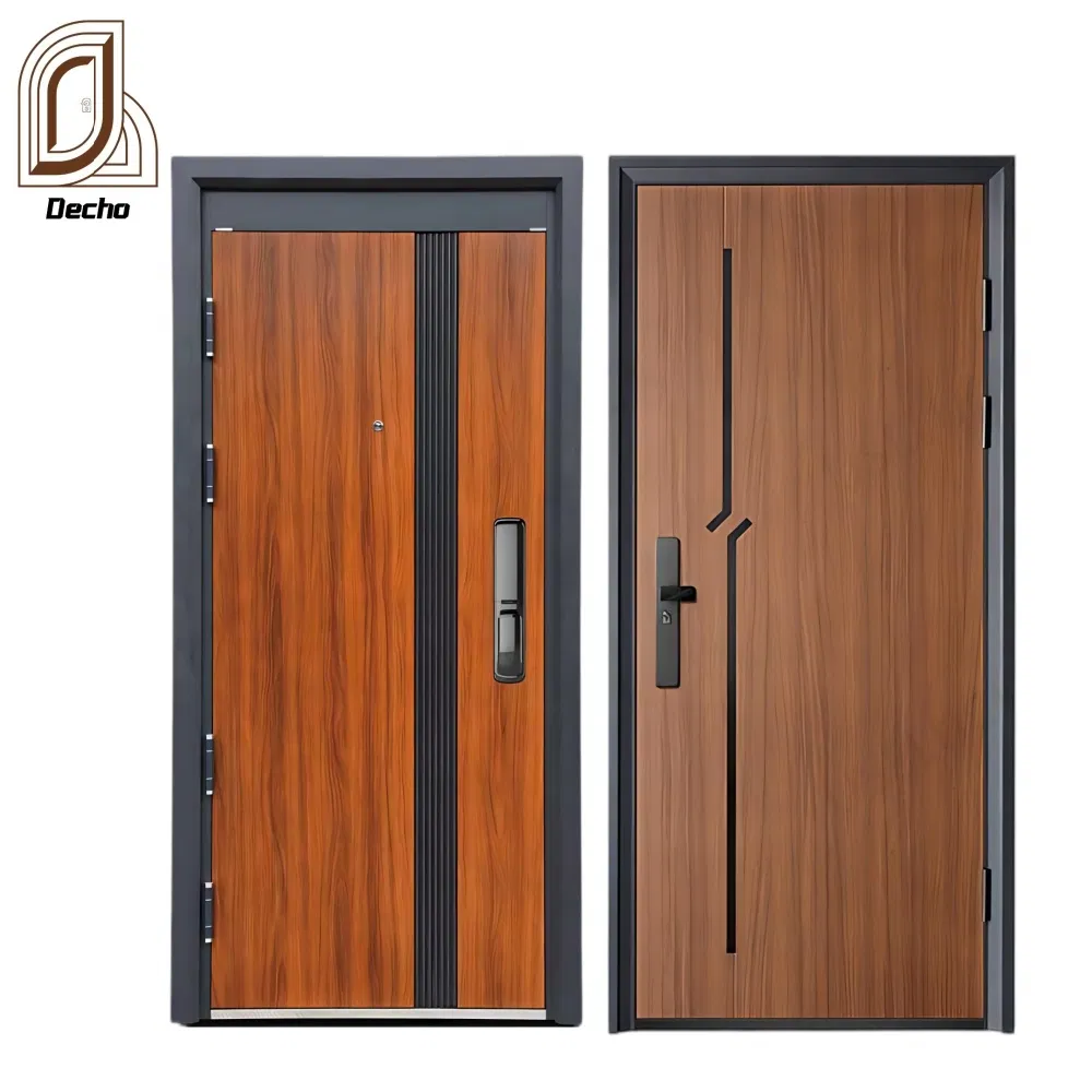 Industrial Decorative Exterior Front Security Entrance Wooden Grain Door with Multi-Point Top Bottom Lock