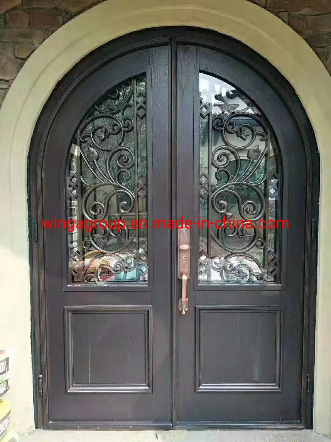 Arched Double Open Size with Shaped Glass Flower Security Metal Wrought Iron Forged Exterior Outside Entrance Front Appartment Villa Screen Door