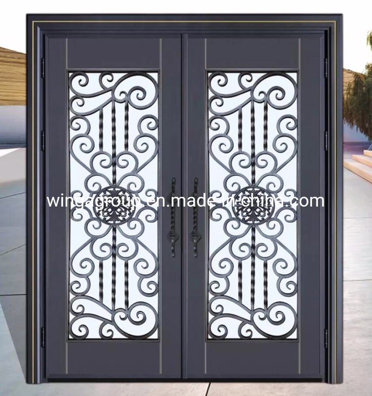 Double Open Size Custom Wrought Iron Square Design with Glass Iron Security Metal Door