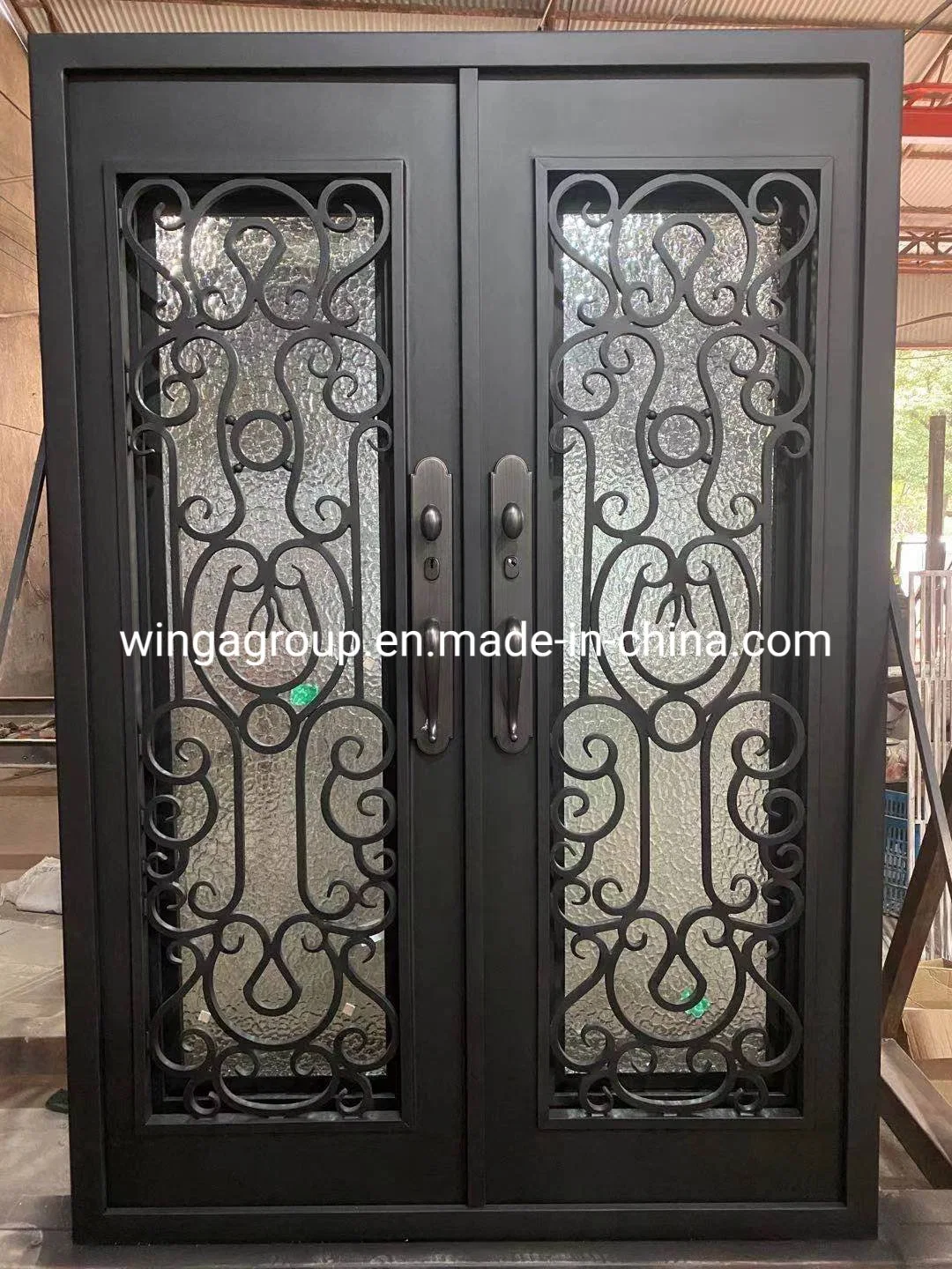 Double Open Size Custom Wrought Iron Square Design with Glass Iron Security Metal Door