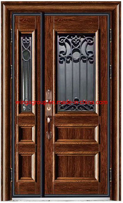 Wood Color with Art Glass Cheap Exterior Right Swing Security Wrought Iron Door Iron Front Entrance House Appartment Steel Door